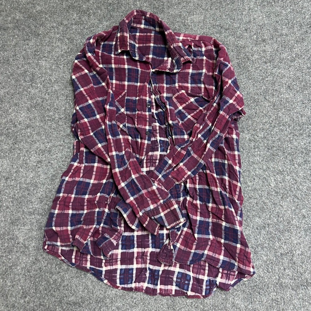 Unbranded Shirt Womens Size M Burgundy Navy Plaid Long Sleeve Casual Flannel